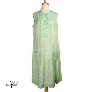 Vintage Sleeveless Day Dress Green & White Flower Print 2 Pockets Sz L - Hey Viv